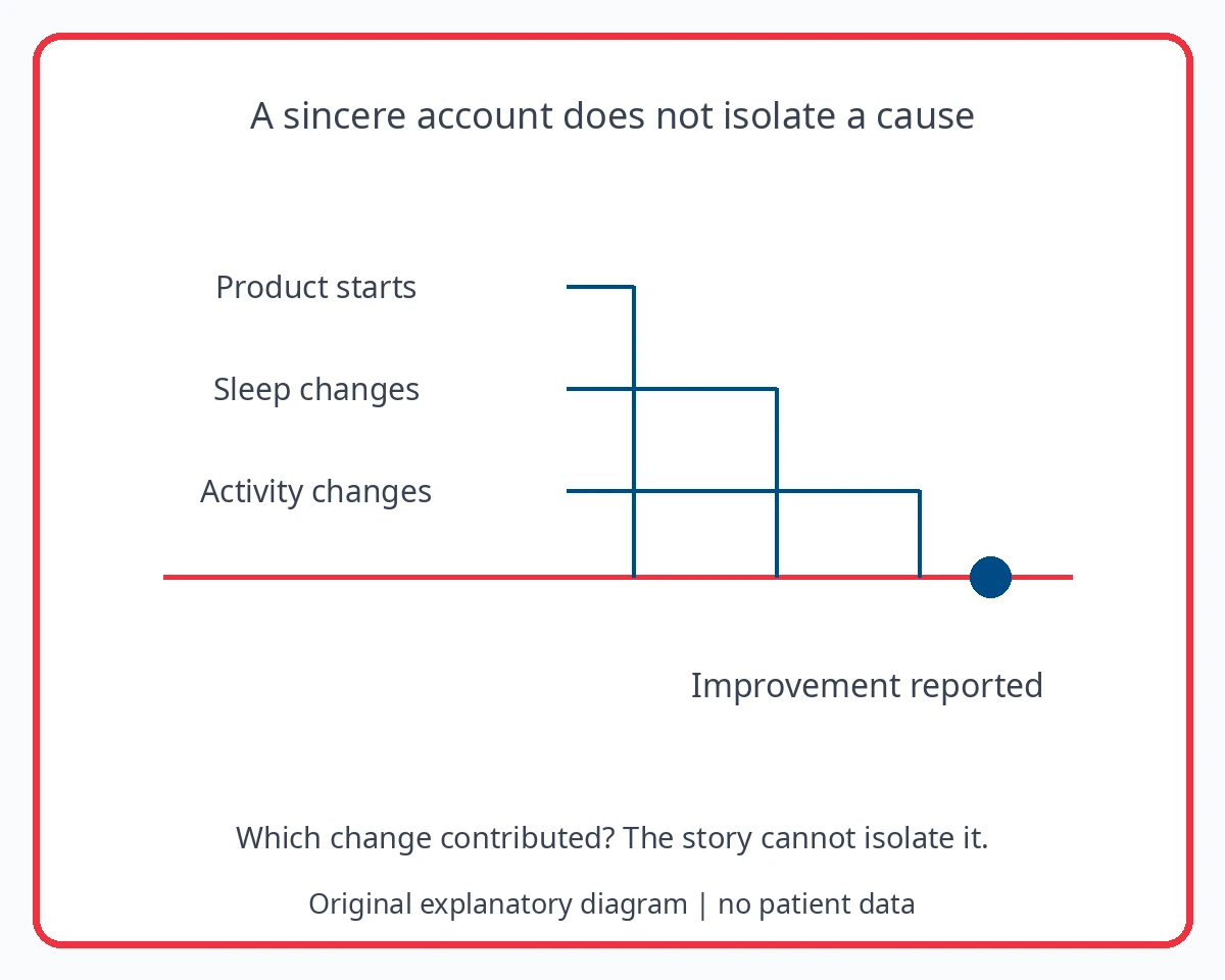 A timeline shows a product, sleep routine and activity change starting near one another before an improvement report, with causation left unresolved